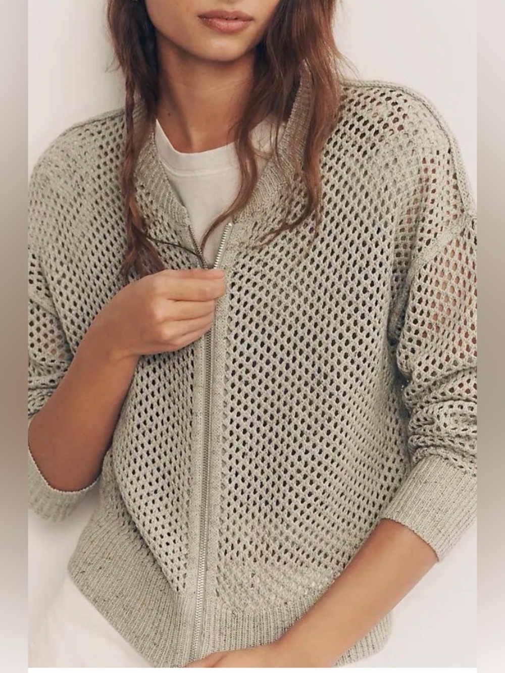 Anthropologie Pilcro Juniper Open-Knit Bomber Cardigan Powdered Sage